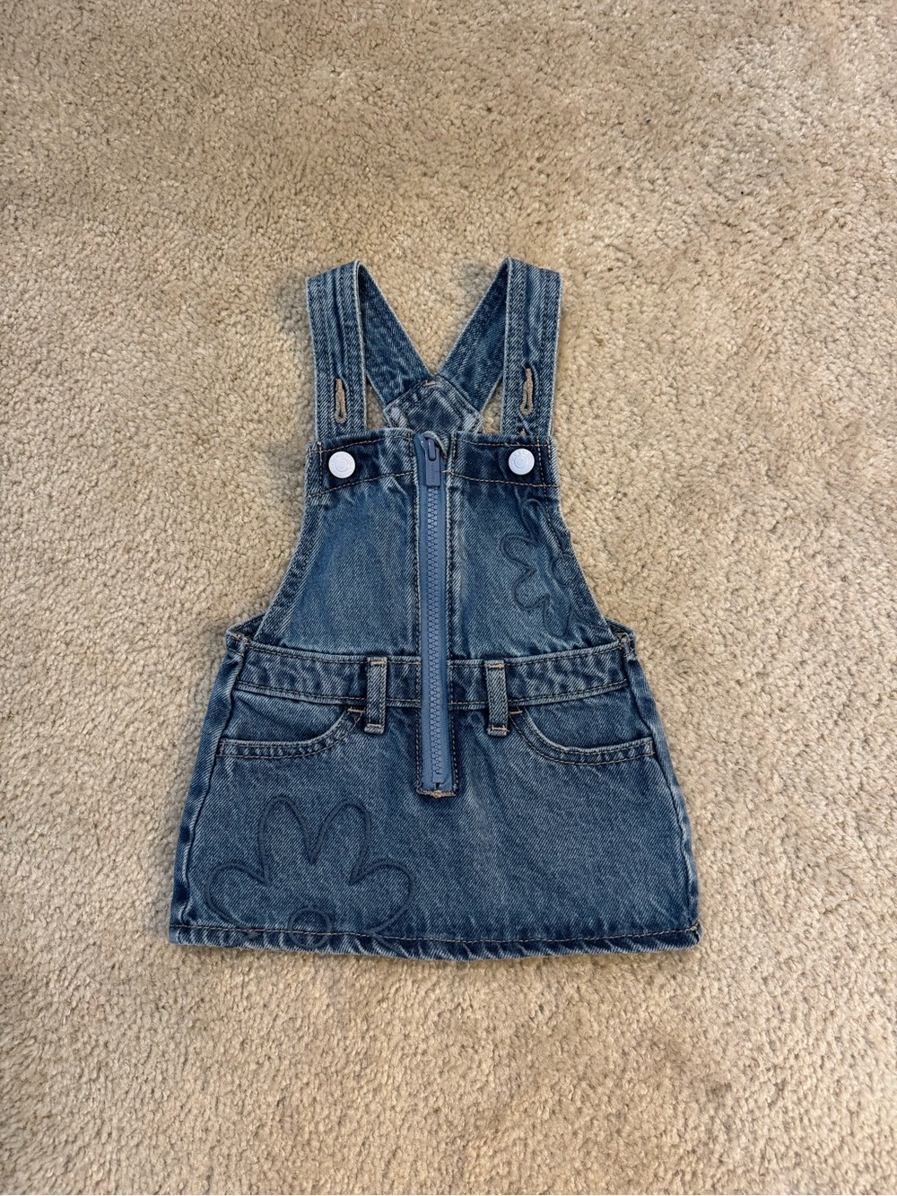Old Navy Girls Front Zip Denim Overall Dress w/ Embroidered Flowers